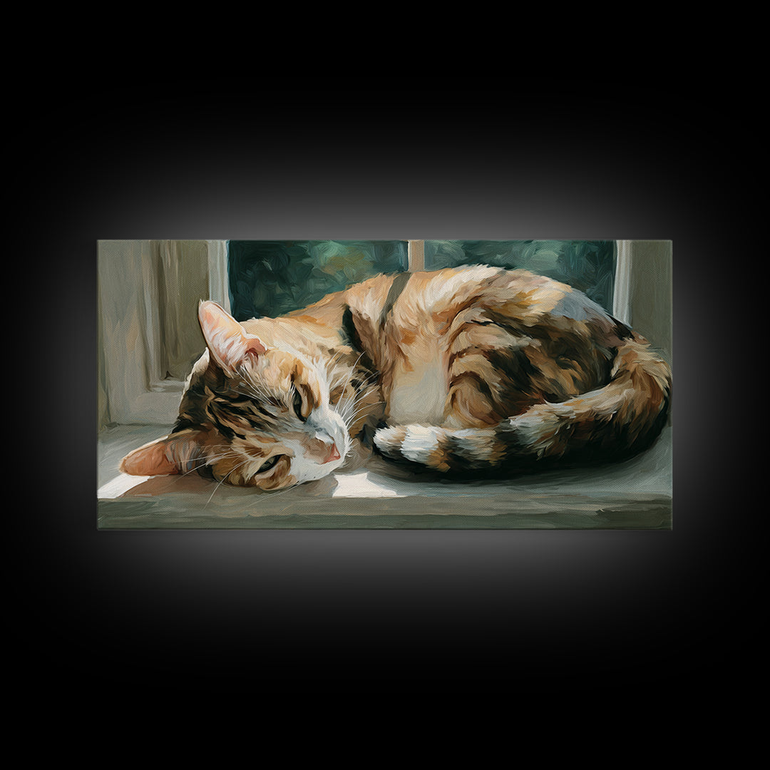 Sleeping Cat Curled Framed Canvas Print, Animal Art, Digital Prints, Living Room Decor, Fine Art, Creature, Printable Art, ANI-2x1-56