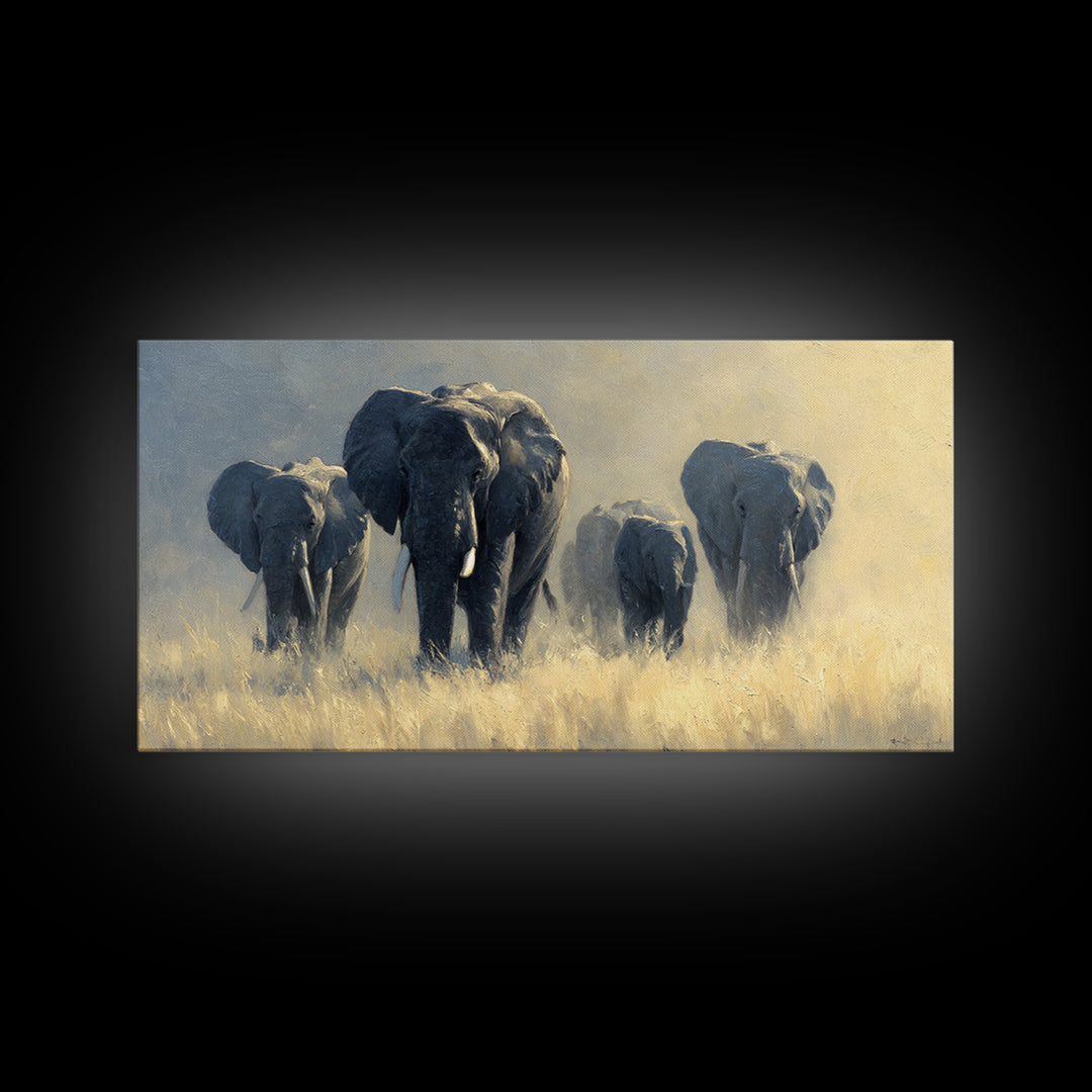 Elephant Family Walking Through Dusty Golden Light Canvas Print, Animal Art, Wall Art, Living Room Decor, Fine Art, Creature, ANI-2x1-58