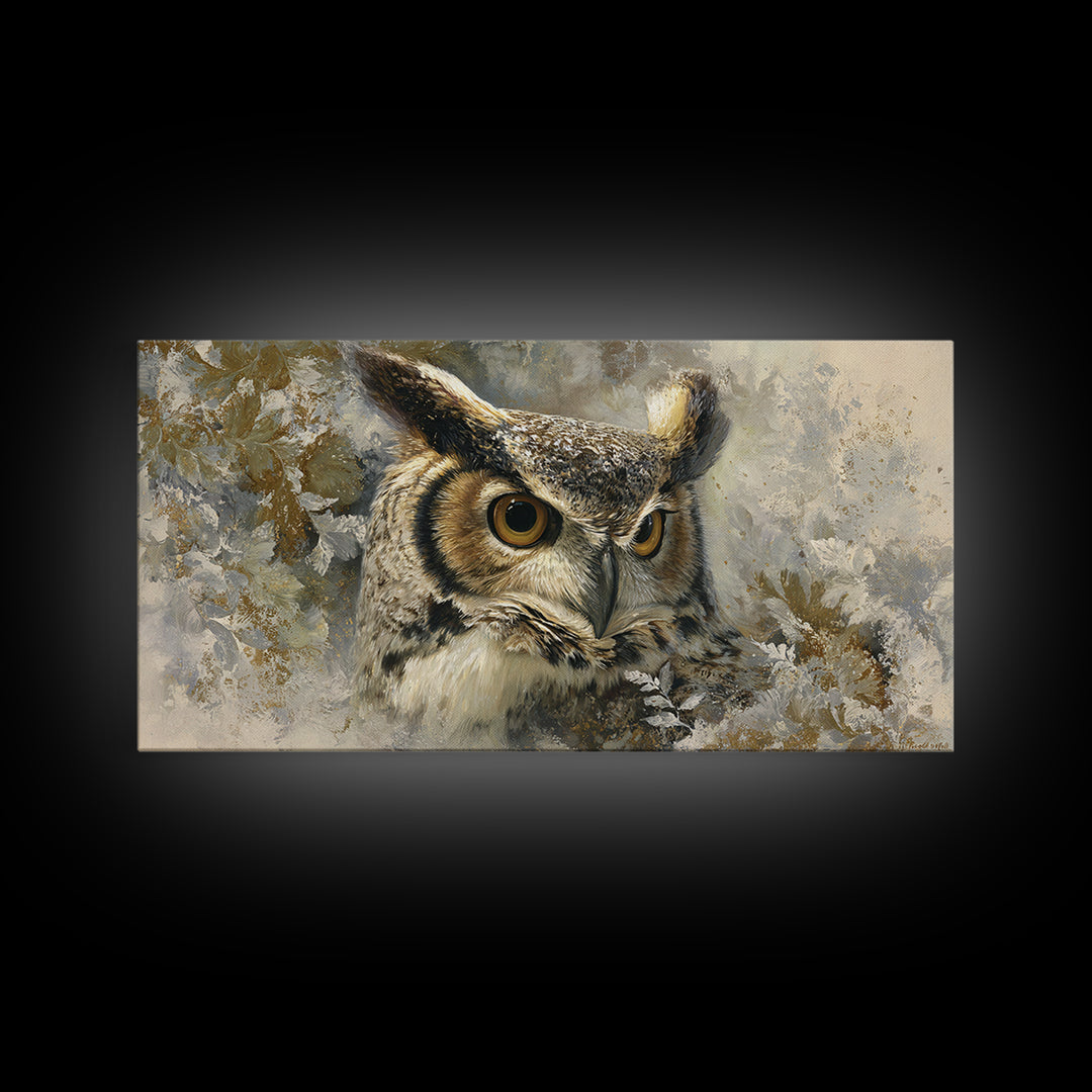 Owl with Moonlit Feathers and Celestial Accents Framed Canvas Print, Animal Art, Nursery, Living Room Decor, Watercolor Art, ANI-2x1-59