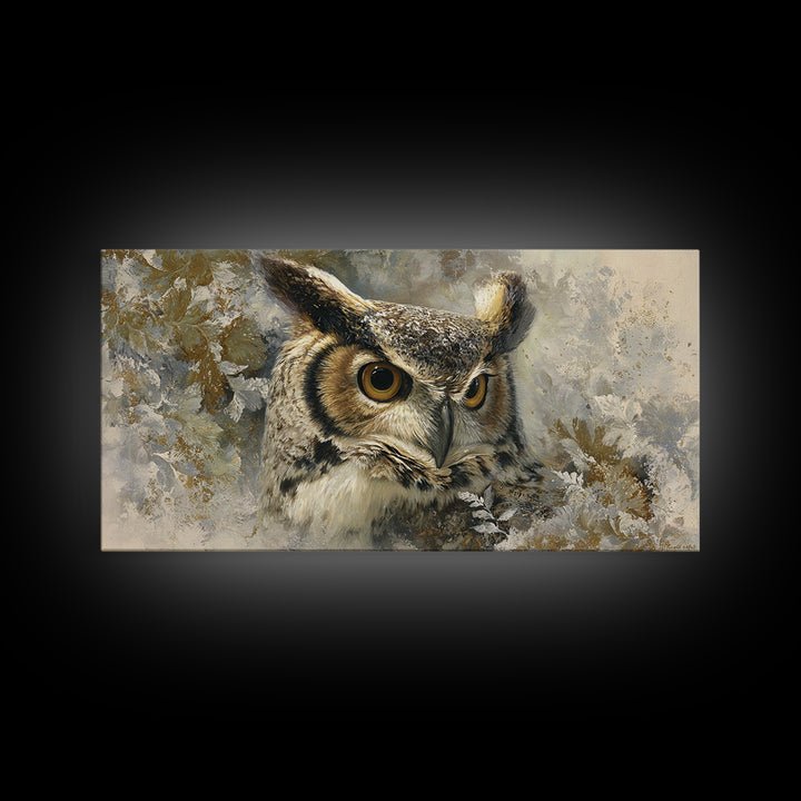 Owl with Moonlit Feathers and Celestial Accents Framed Canvas Print, Animal Art, Nursery, Living Room Decor, Watercolor Art, ANI-2x1-59