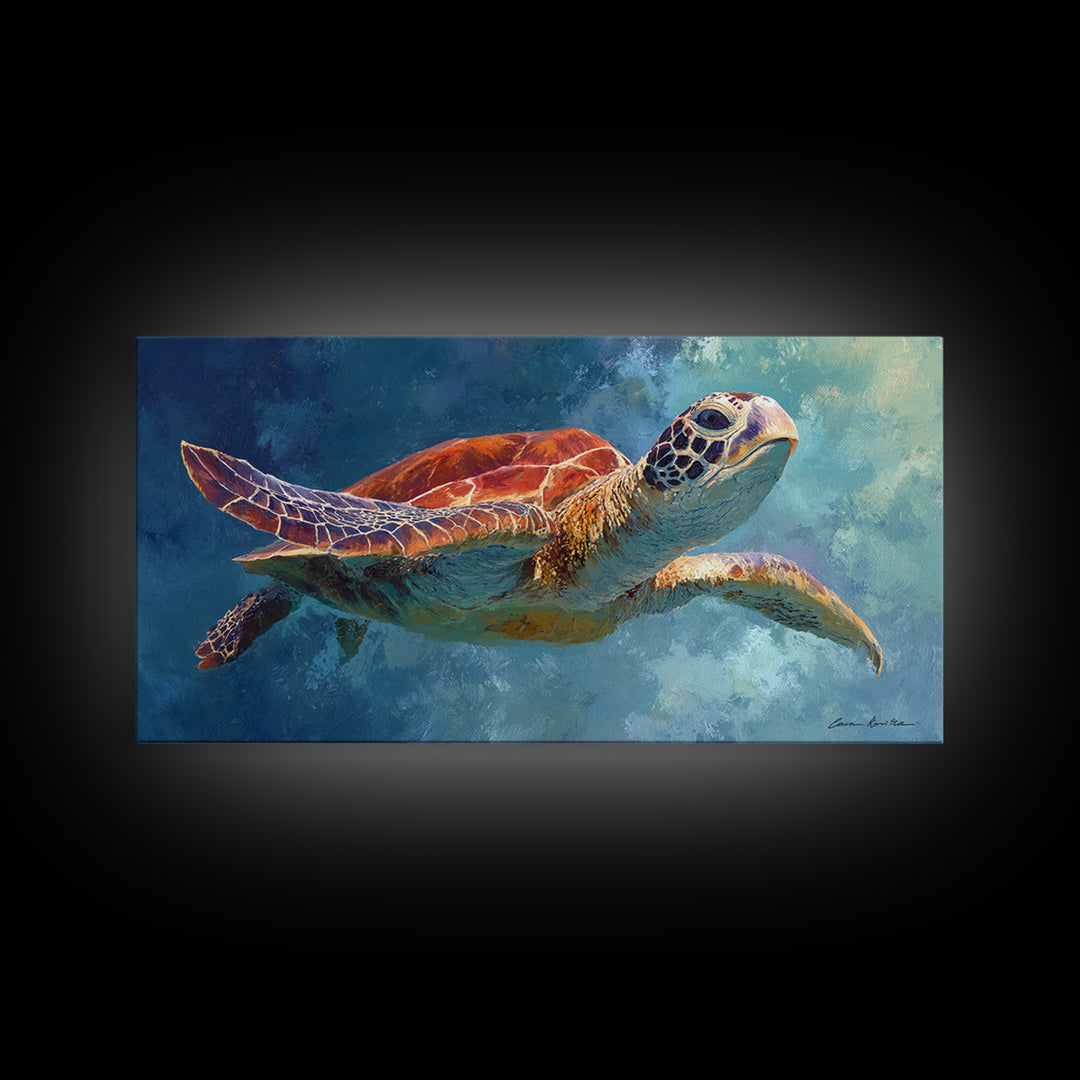 Sea Turtle Drifting Through Luminous Blue Water Canvas Print, Animal Art, Room Decor, Living Room Decor, Oil Painting, Creature, ANI-2x1-62