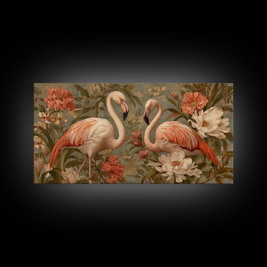 Flamingo Pair in Elegant Coral and Cream Canvas Print, Animal Art, Nursery Wall Art, Living Room Decor, Fine Art, Creature, ANI-2x1-63