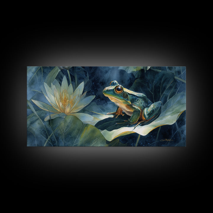 Frog on a Lotus Leaf Canvas Print, Animal Art, Digital Art, Living Room Decor, Oil Painting, Creature, Farmhouse Decor, ANI-2x1-64