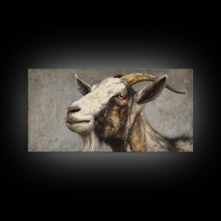 Goat Portrait with Rustic Folk Art Personality Framed Canvas Print, Animal Art, Digital Prints, Living Room Decor, Creature, ANI-2x1-65