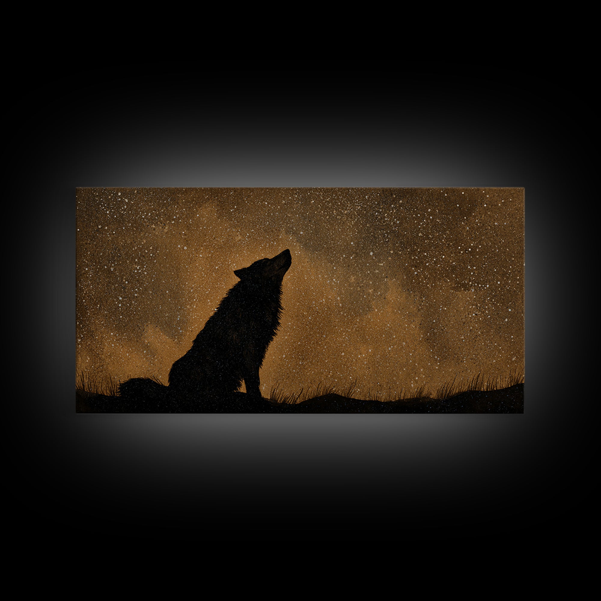Wolf Silhouette Beneath a Star Filled Sky Canvas Print, Animal Art, Living Room Decor, Watercolor Art, Creature, ANI-2x1-66