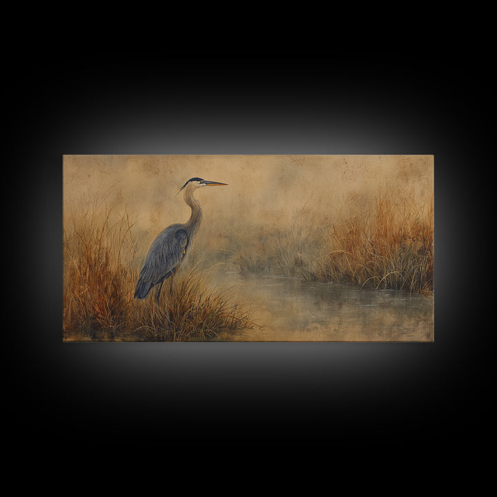 Blue Heron Standing Framed Canvas Print, Animal Art, Art, Living Room Decor, Fine Art, Creature, Original Art, Nursery Wall Art, ANI-2x1-7