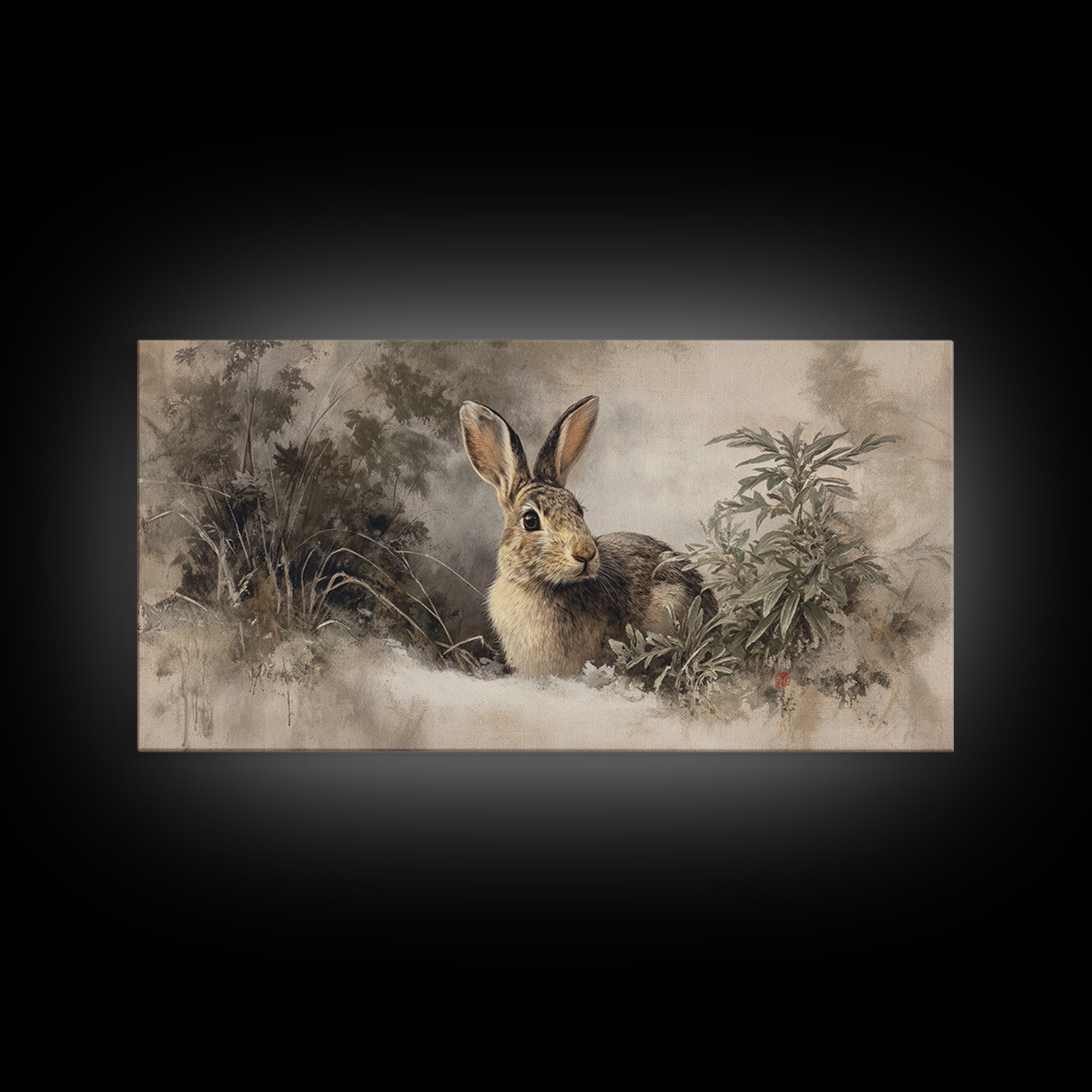 Curious Rabbit in a Soft Watercolor Meadow Canvas Print, Animal Art, Digital Art, Living Room Decor, Fine Art, Creature, ANI-2x1-73