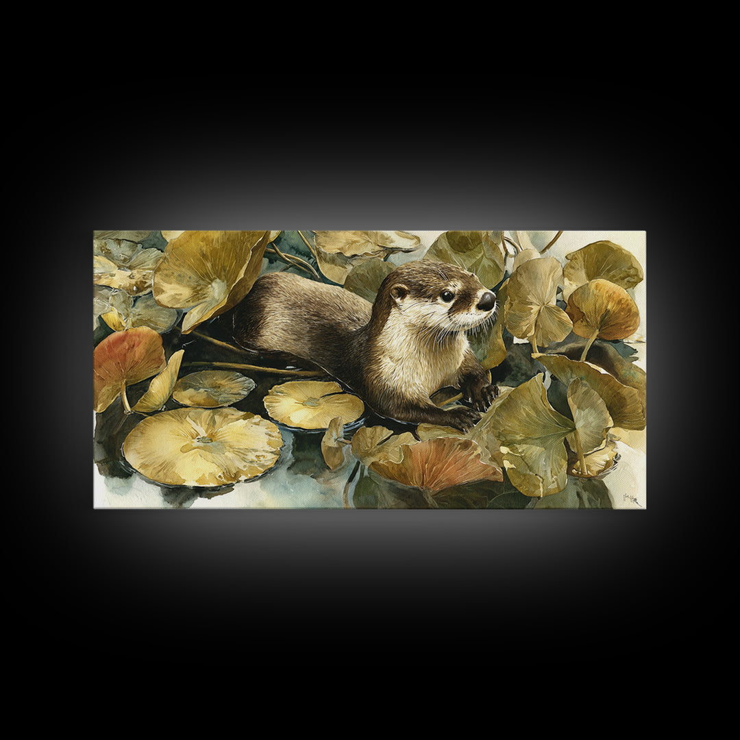 Playful Otter Floating Among Lily Pads Canvas Print, Animal Art, Nursery Wall Art, Living Room Decor, Fine Art, Creature, ANI-2x1-76