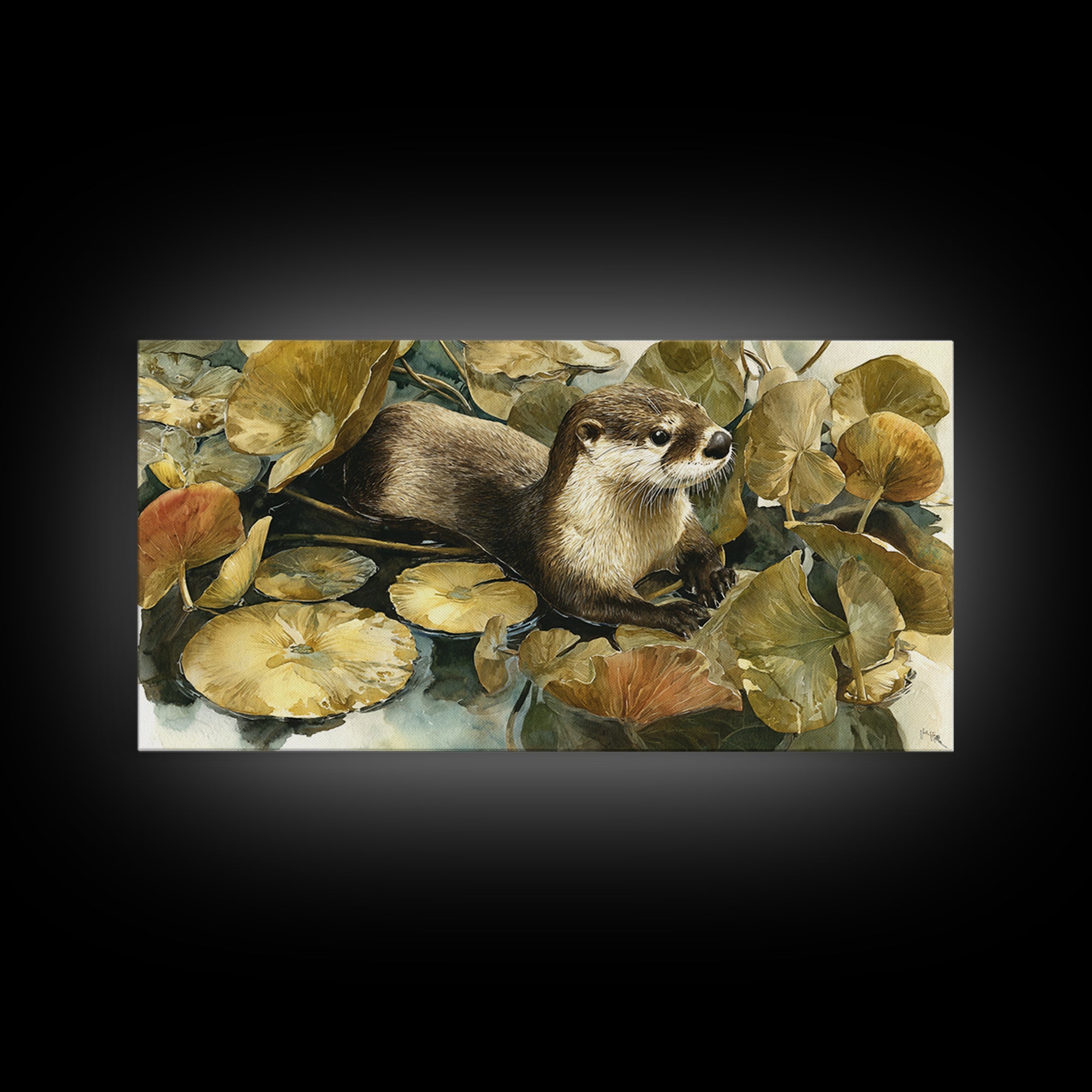 Playful Otter Floating Among Lily Pads Canvas Print, Animal Art, Nursery Wall Art, Living Room Decor, Fine Art, Creature, ANI-2x1-76