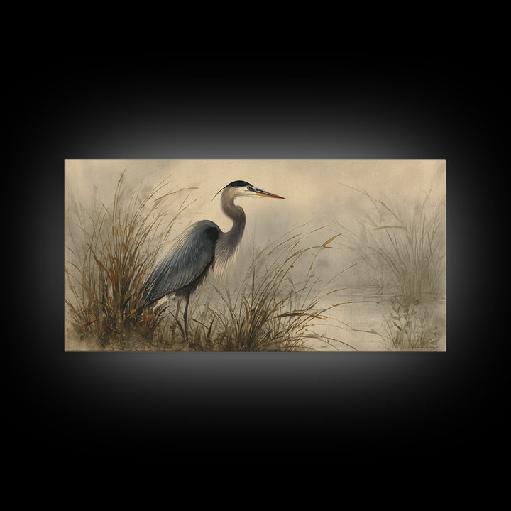 Blue Heron Standing Framed Canvas Print, Animal Art, Nursery Art, Living Room Decor, Fine Art, Creature, Luxury Decor, ANI-2x1-79