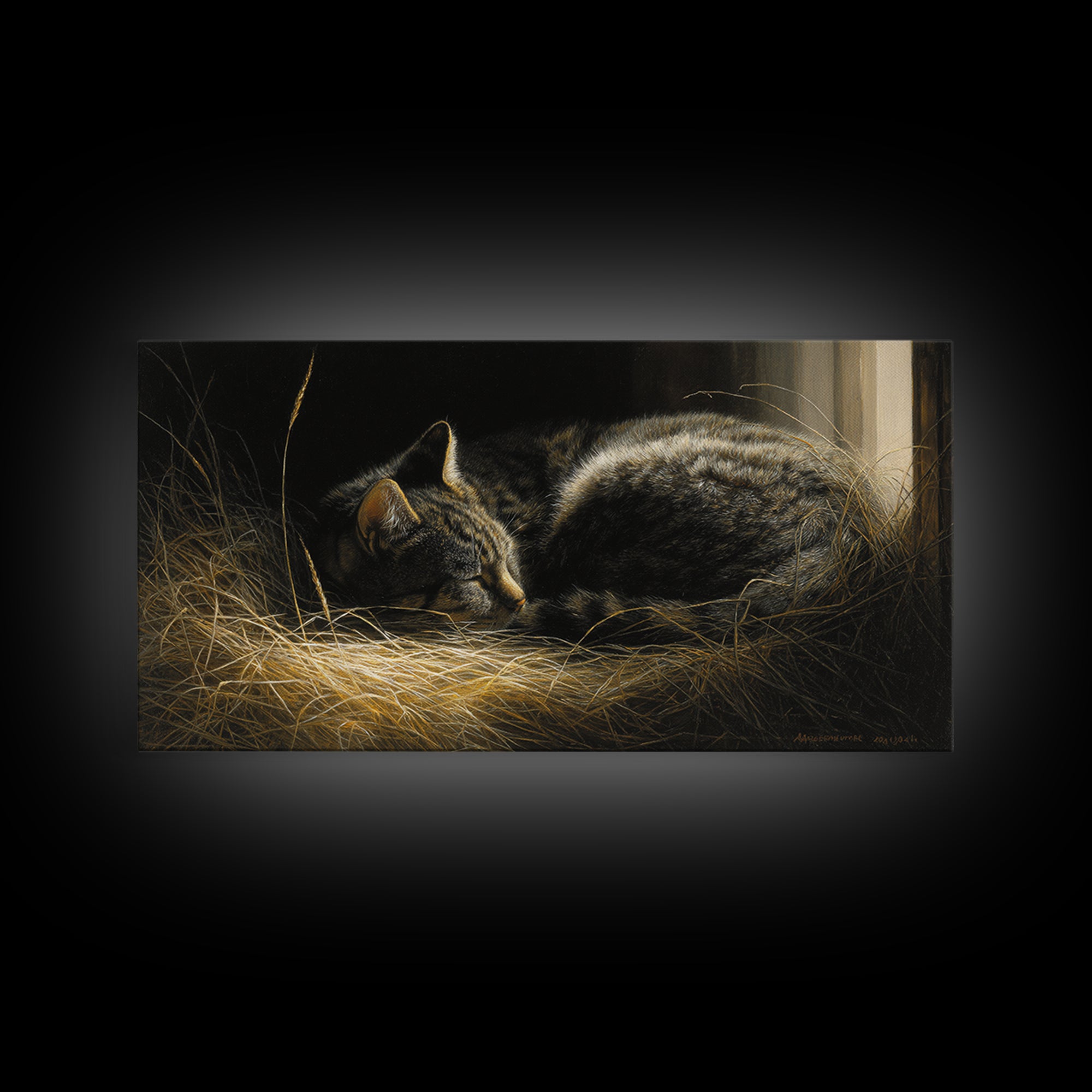 Sleeping Cat Curled Framed Canvas Print, Animal Art, Digital Print, Living Room Decor, Fine Art, Creature, Colorful Wall Art, ANI-2x1-80
