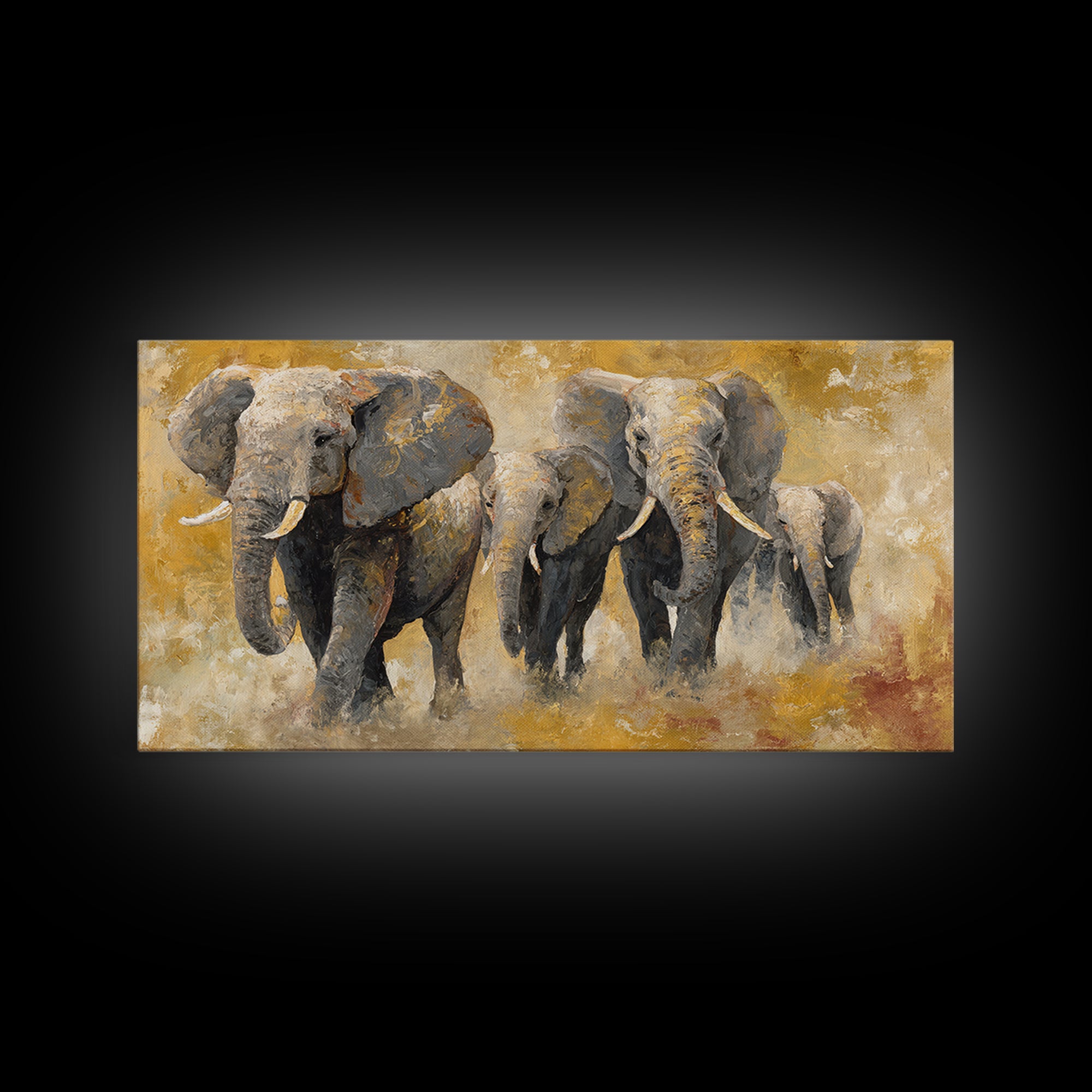 Elephant Family Walking Through Dusty Golden Light Canvas Print, Animal Art, Wall Art, Living Room Decor, Fine Art, Creature, ANI-2x1-82
