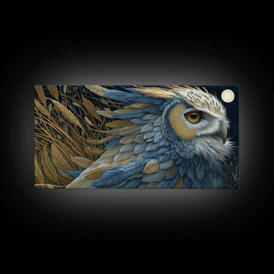 Owl with Moonlit Feathers and Celestial Accents Framed Canvas Print, Animal Art, Contemporary Art, Living Room Decor, Creature, ANI-2x1-83