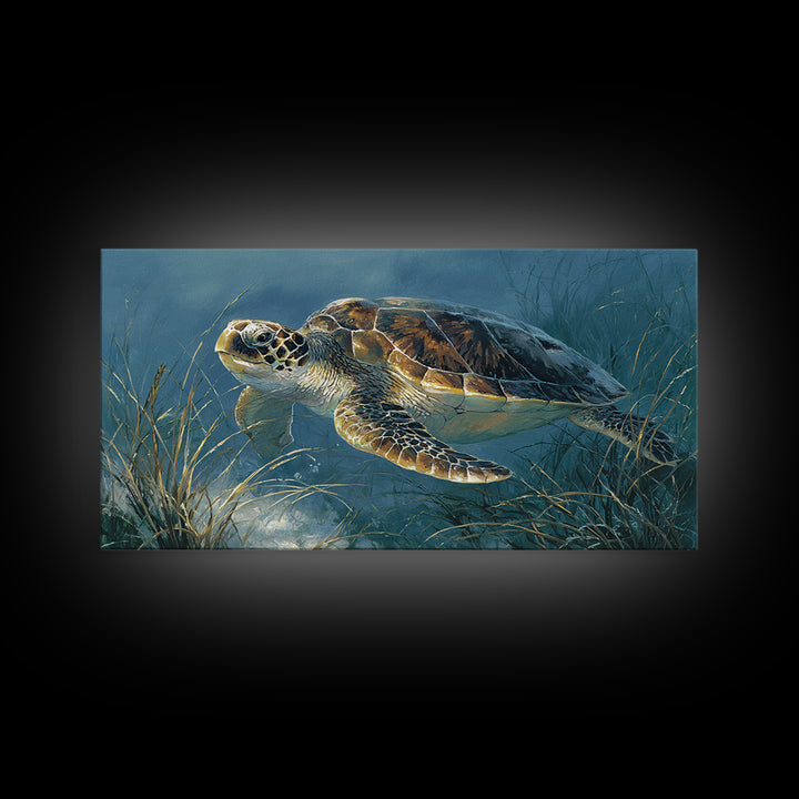 Sea Turtle Drifting Through Luminous Blue Water Framed Canvas Print, Animal Art, Home Decor, Living Room Decor, Creature, ANI-2x1-86