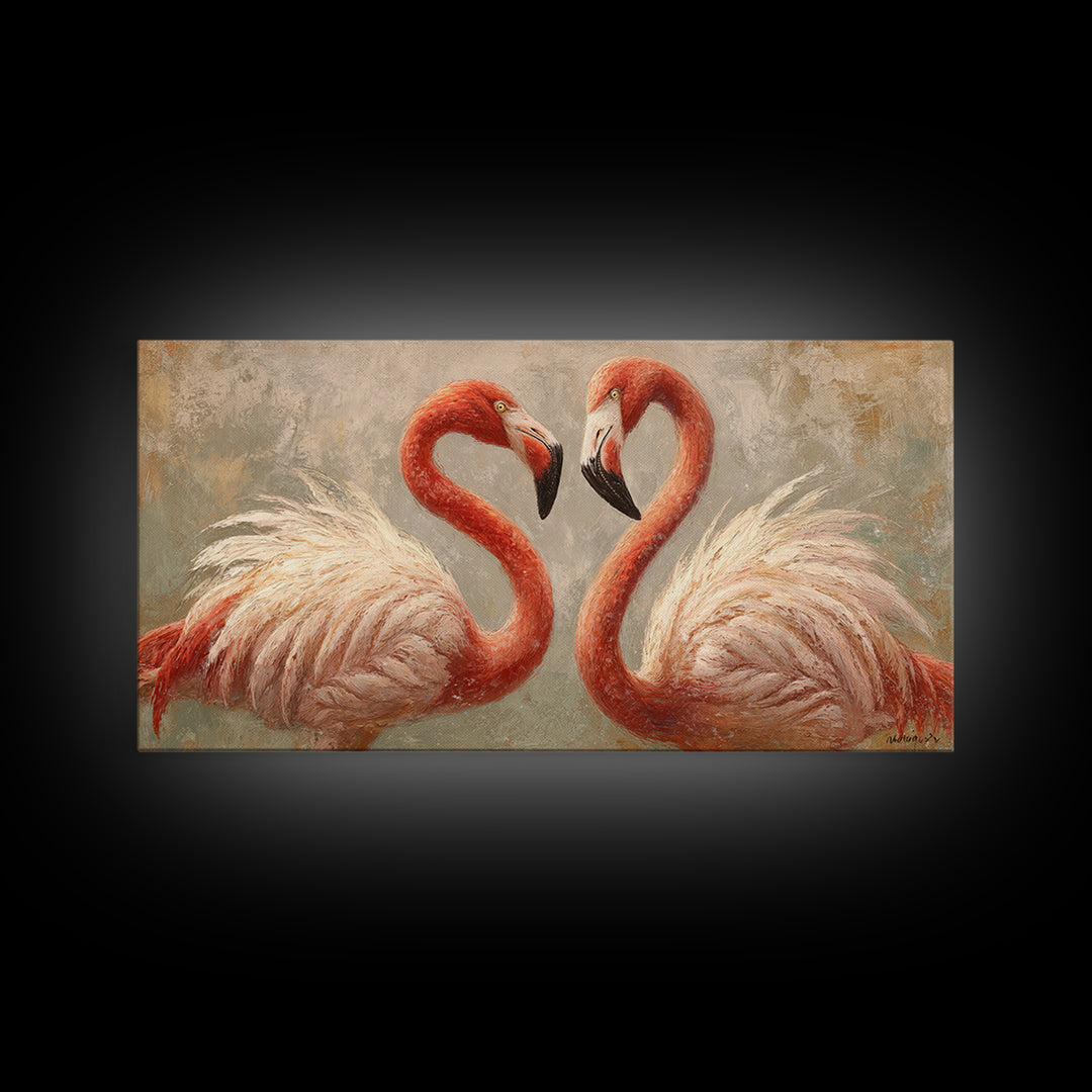 Flamingo Pair in Elegant Coral and Cream Framed Canvas Print, Animal Art, Living Room Decor, Fine Art, Creature, Fine Art Print, ANI-2x1-87