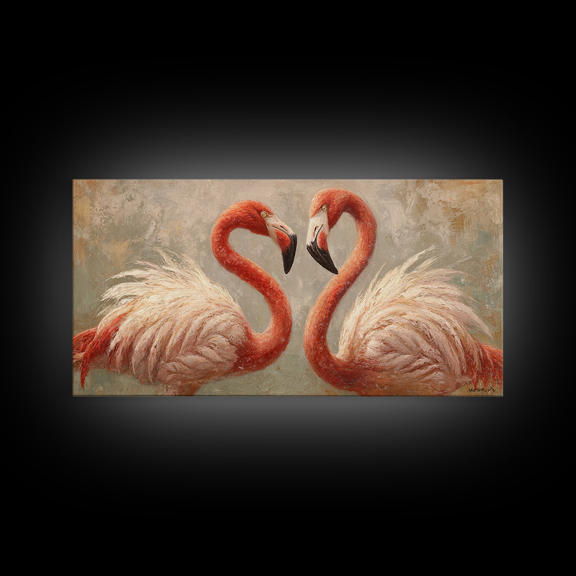 Flamingo Pair in Elegant Coral and Cream Framed Canvas Print, Animal Art, Living Room Decor, Fine Art, Creature, Fine Art Print, ANI-2x1-87