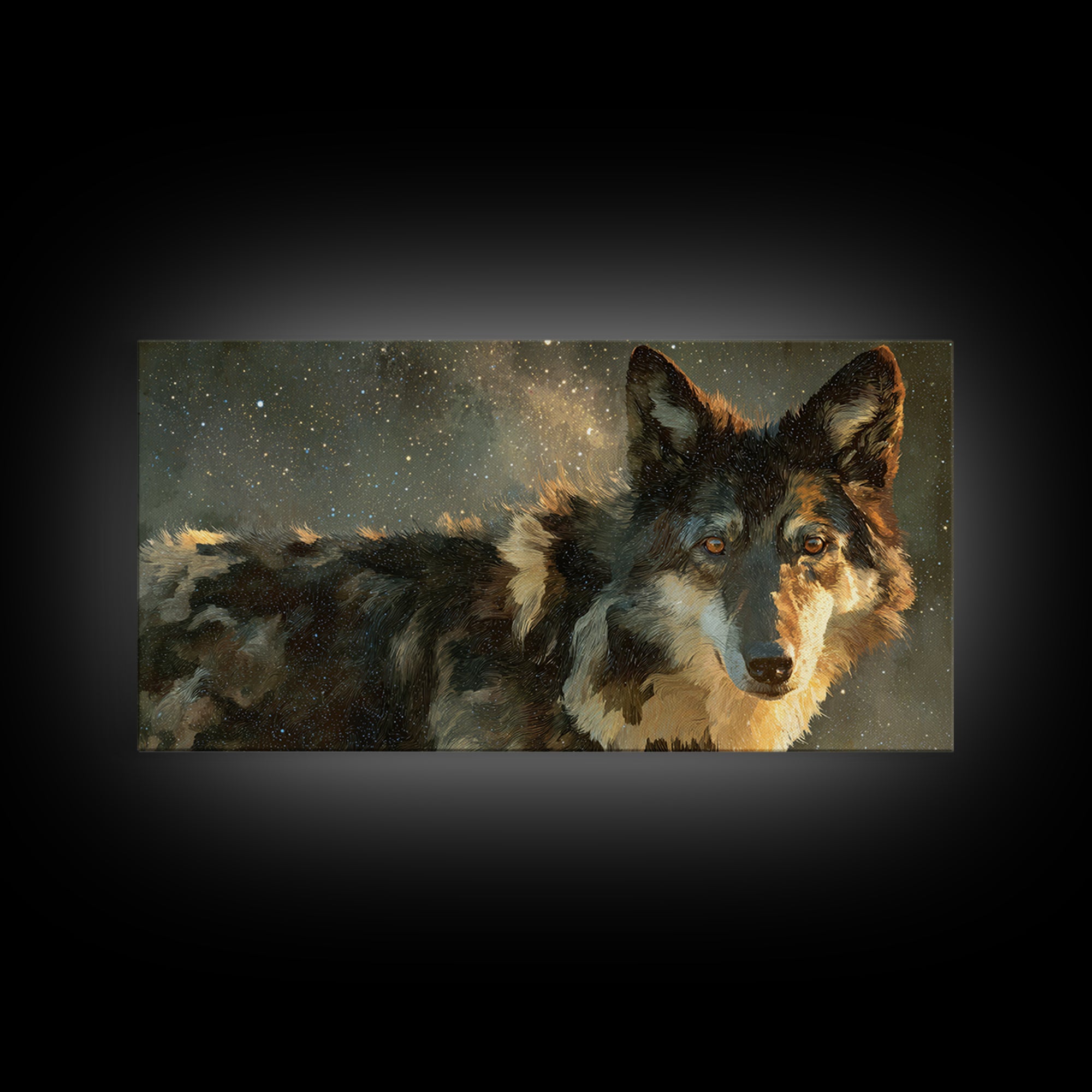 Wolf Silhouette Beneath a Star Filled Sky Framed Canvas Print, Animal Art, Art, Living Room Decor, Oil Painting, Creature, ANI-2x1-90
