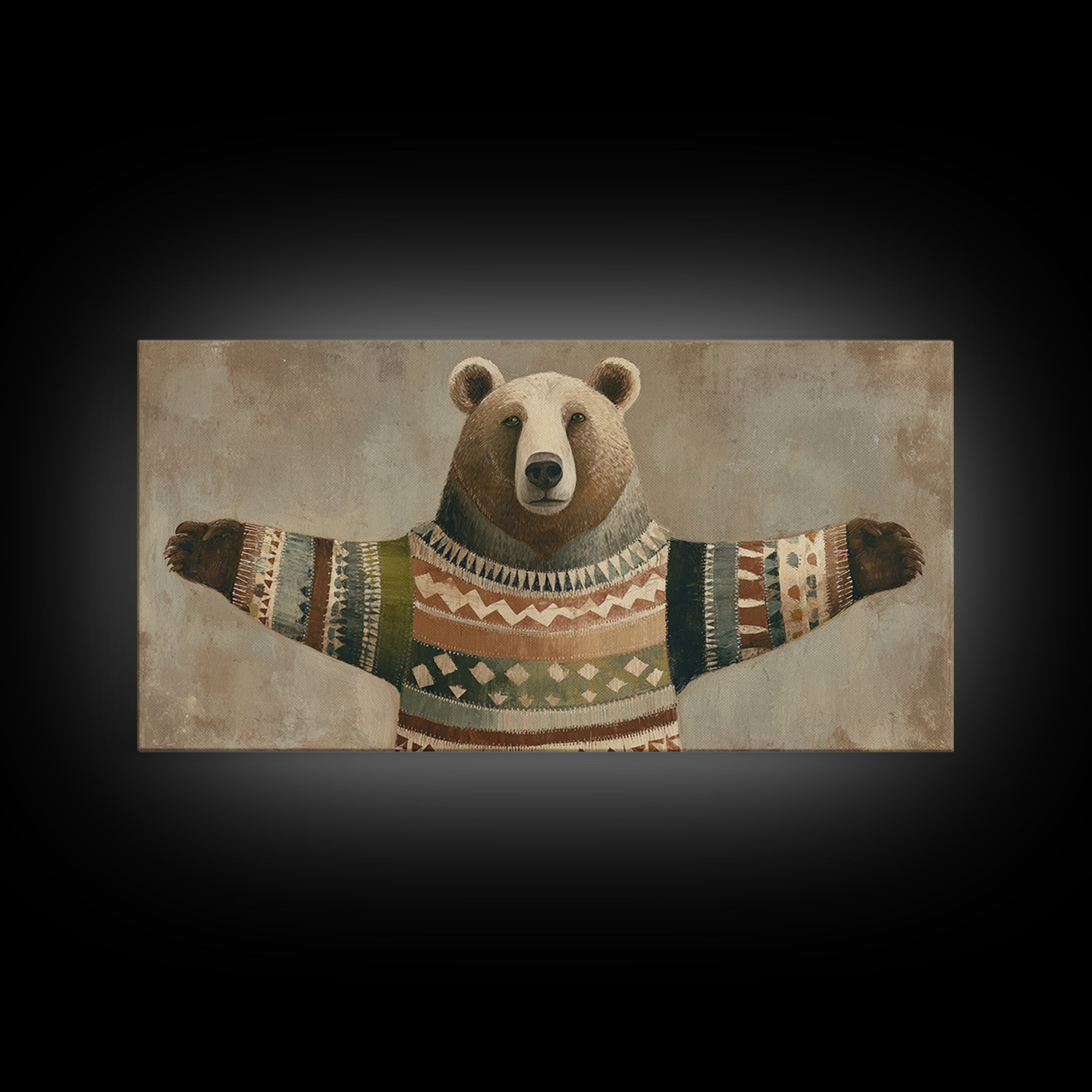 Whimsical Bear in a Patterned Sweater with Canvas Print, Animal Art, Wall Decor, Living Room Decor, Fine Art, Creature, ANI-2x1-94