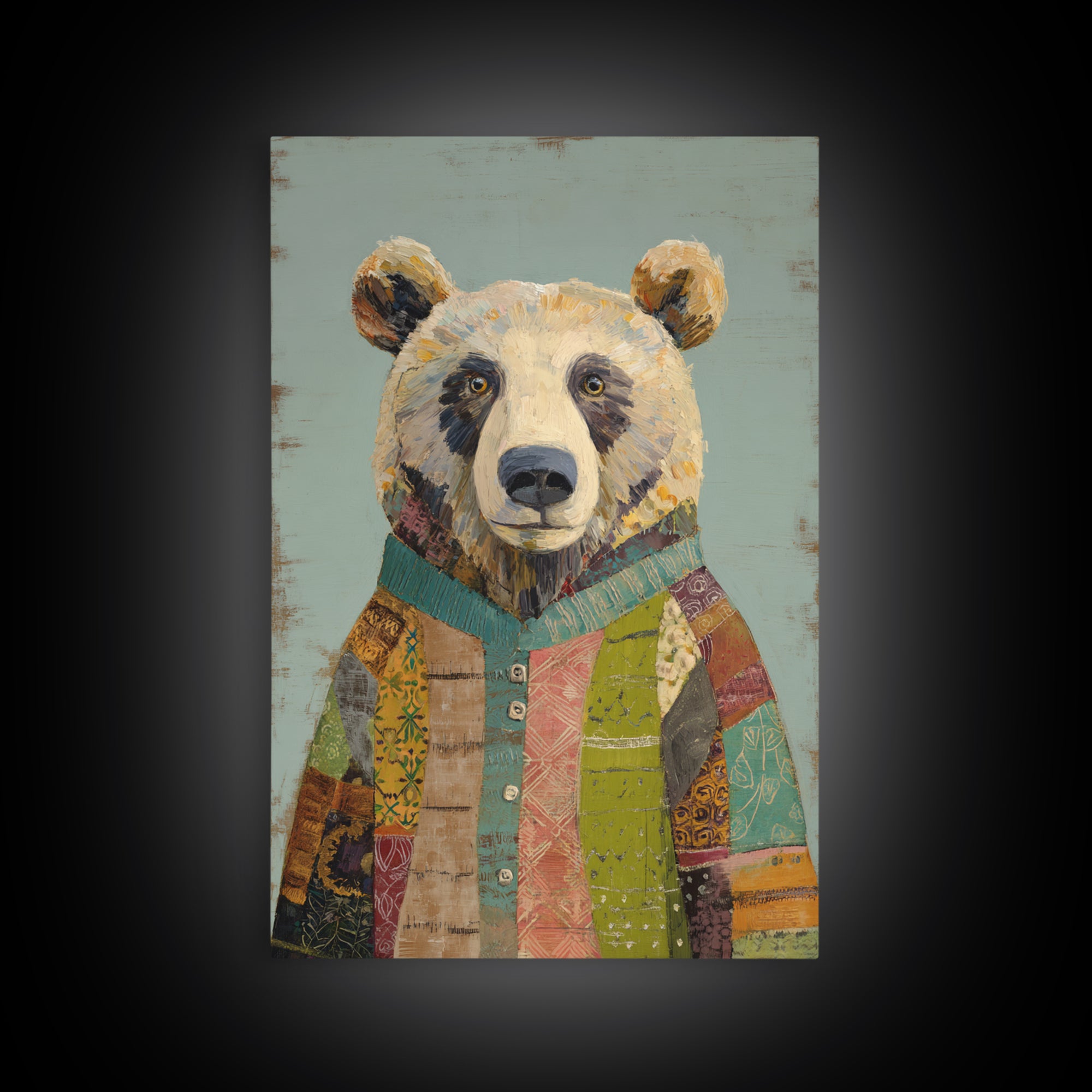 Whimsical Bear in a Patterned Sweater with Canvas Print, Animal Art, Luxury Decor, Living Room Decor, Fine Art, Creature, ANI-2x3-10