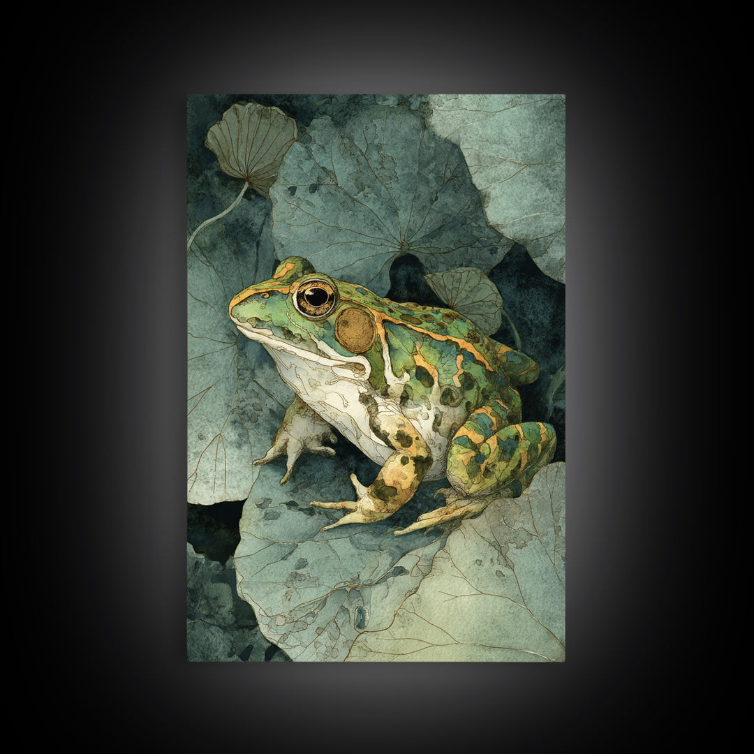 Frog on a Lotus Leaf Framed Canvas Print, Animal Art, Art Print, Living Room Decor, Watercolor Art, Creature, Digital Art, ANI-2x3-100