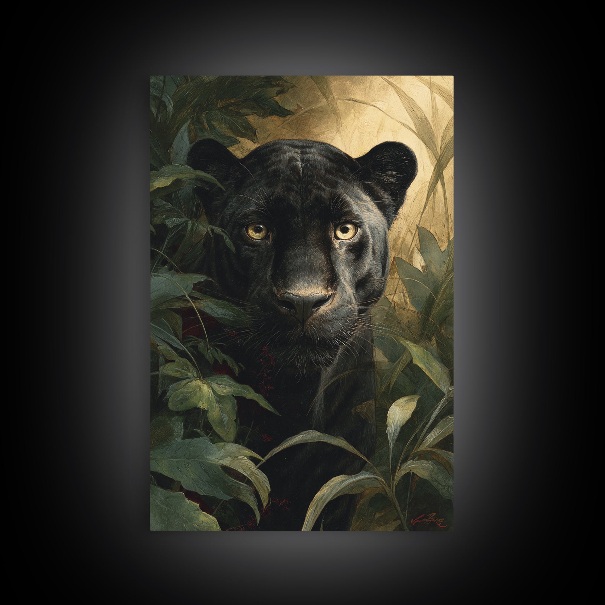 Dramatic Black Panther Emerging from Deep Jungle Canvas Print, Animal Art, Art Print, Living Room Decor, Oil Painting, Creature, ANI-2x3-14