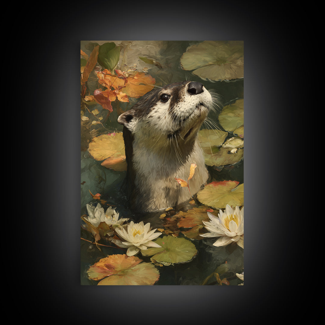 Playful Otter Floating Among Lily Pads Canvas Print, Animal Art, Boho Wall Art, Living Room Decor, Fine Art, Creature, ANI-2x3-16