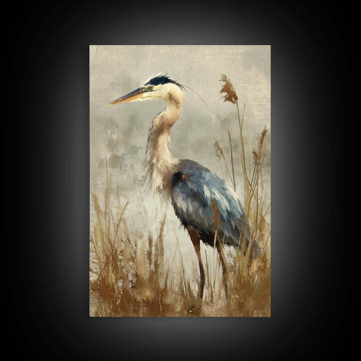 Blue Heron Standing Framed Canvas Print, Animal Art, Neutral Decor, Living Room Decor, Fine Art, Creature, Wall Art, Home Decor, ANI-2x3-19