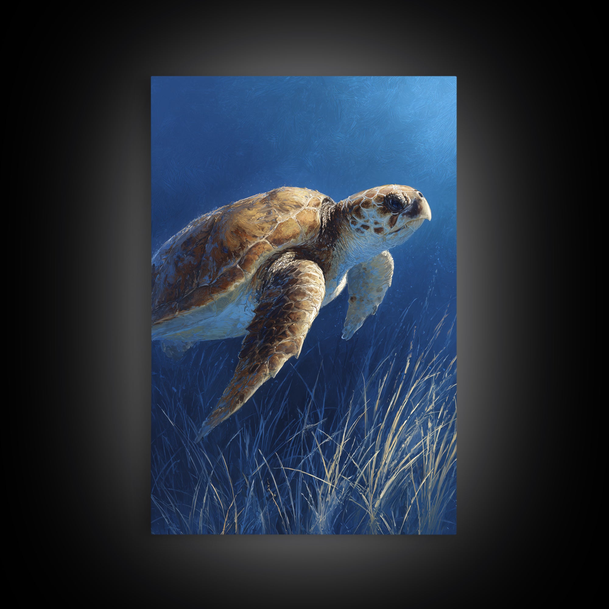 Sea Turtle Drifting Through Luminous Blue Water Framed Canvas Print, Animal Art, Boho Decor, Living Room Decor, Abstract Art, ANI-2x3-2
