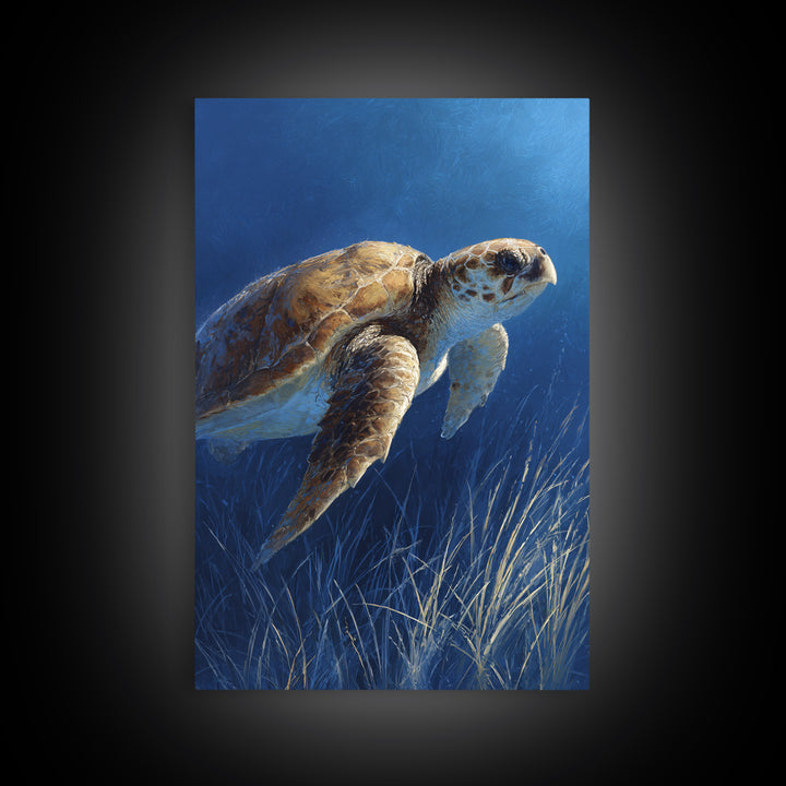 Sea Turtle Drifting Through Luminous Blue Water Framed Canvas Print, Animal Art, Boho Decor, Living Room Decor, Abstract Art, ANI-2x3-2