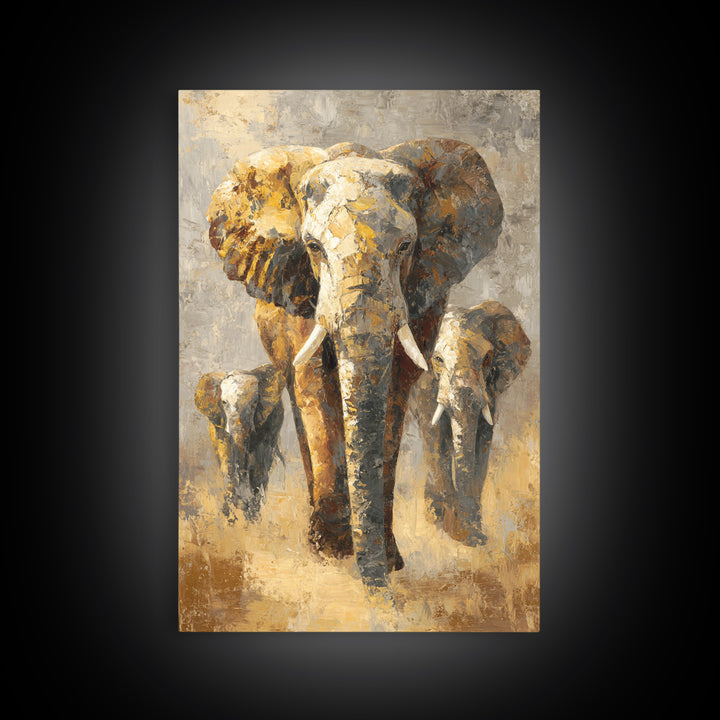 Elephant Family Walking Through Dusty Golden Light Canvas Print, Animal Art, Textured Painting, Living Room Decor, Creature, ANI-2x3-22