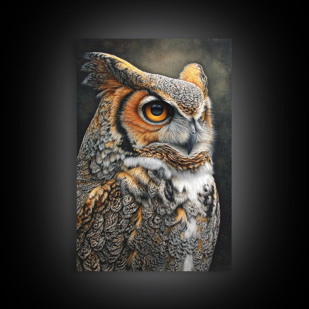 Owl with Moonlit Feathers and Celestial Accents Canvas Print, Animal Art, Art Print, Living Room Decor, Fine Art, Creature, ANI-2x3-23