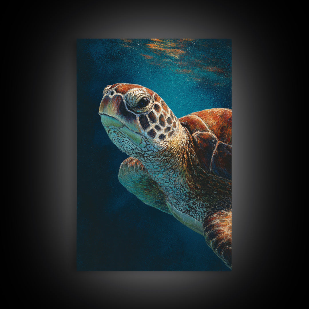 Sea Turtle Drifting Through Luminous Blue Water Framed Canvas Print, Animal Art, Boho Decor, Living Room Decor, Abstract Art, ANI-2x3-26