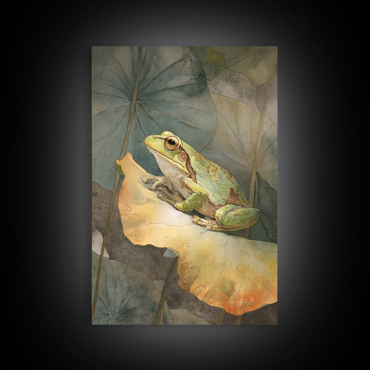 Frog on a Lotus Leaf Framed Canvas Print, Animal Art, Art Deco, Living Room Decor, Oil Painting, Creature, Cat Art, ANI-2x3-28