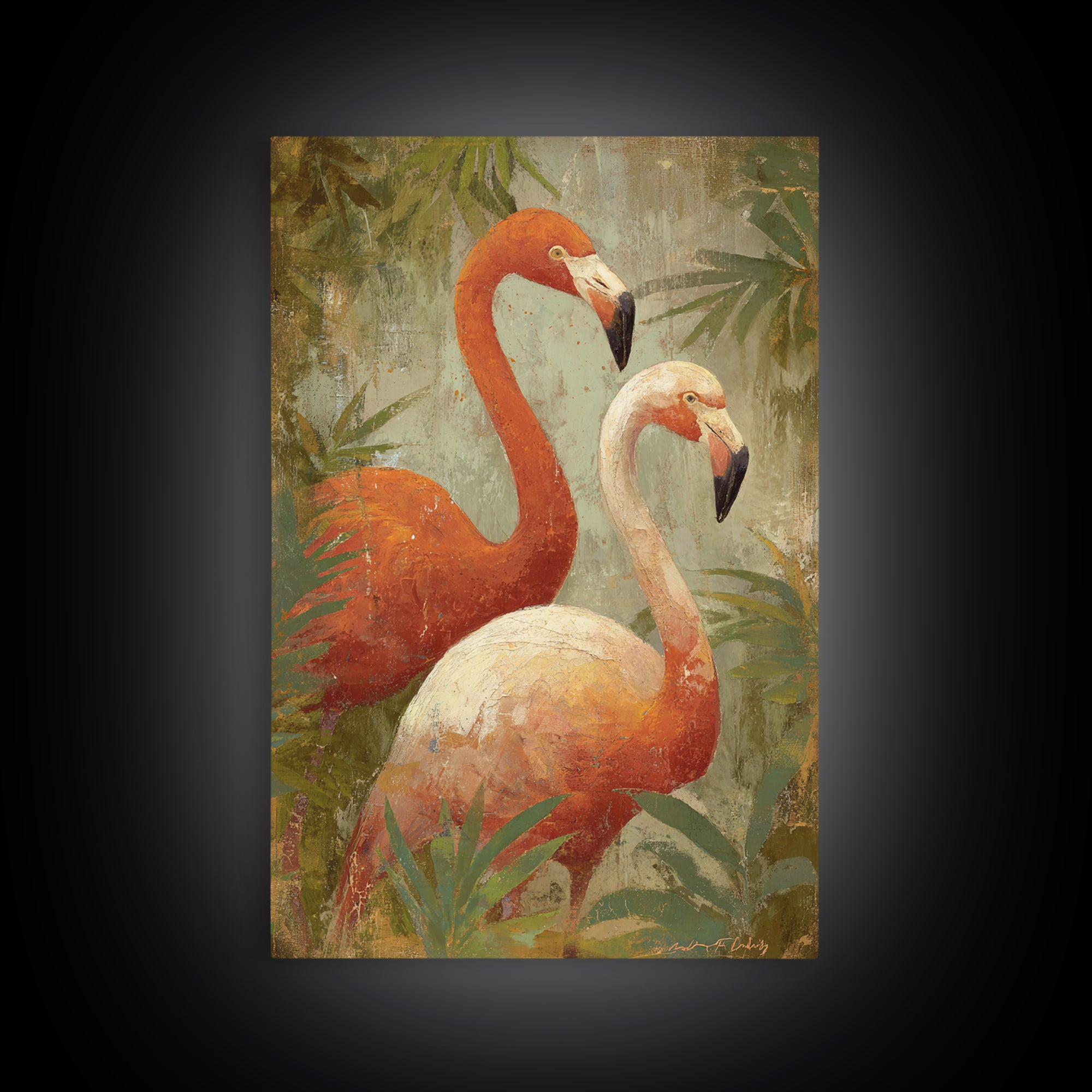 Flamingo Pair in Elegant Coral and Cream Framed Canvas Print, Animal Art, Trendy Wall Art, Living Room Decor, Creature, ANI-2x3-3