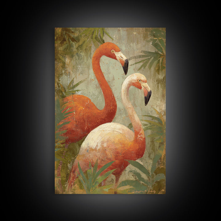 Flamingo Pair in Elegant Coral and Cream Framed Canvas Print, Animal Art, Trendy Wall Art, Living Room Decor, Creature, ANI-2x3-3