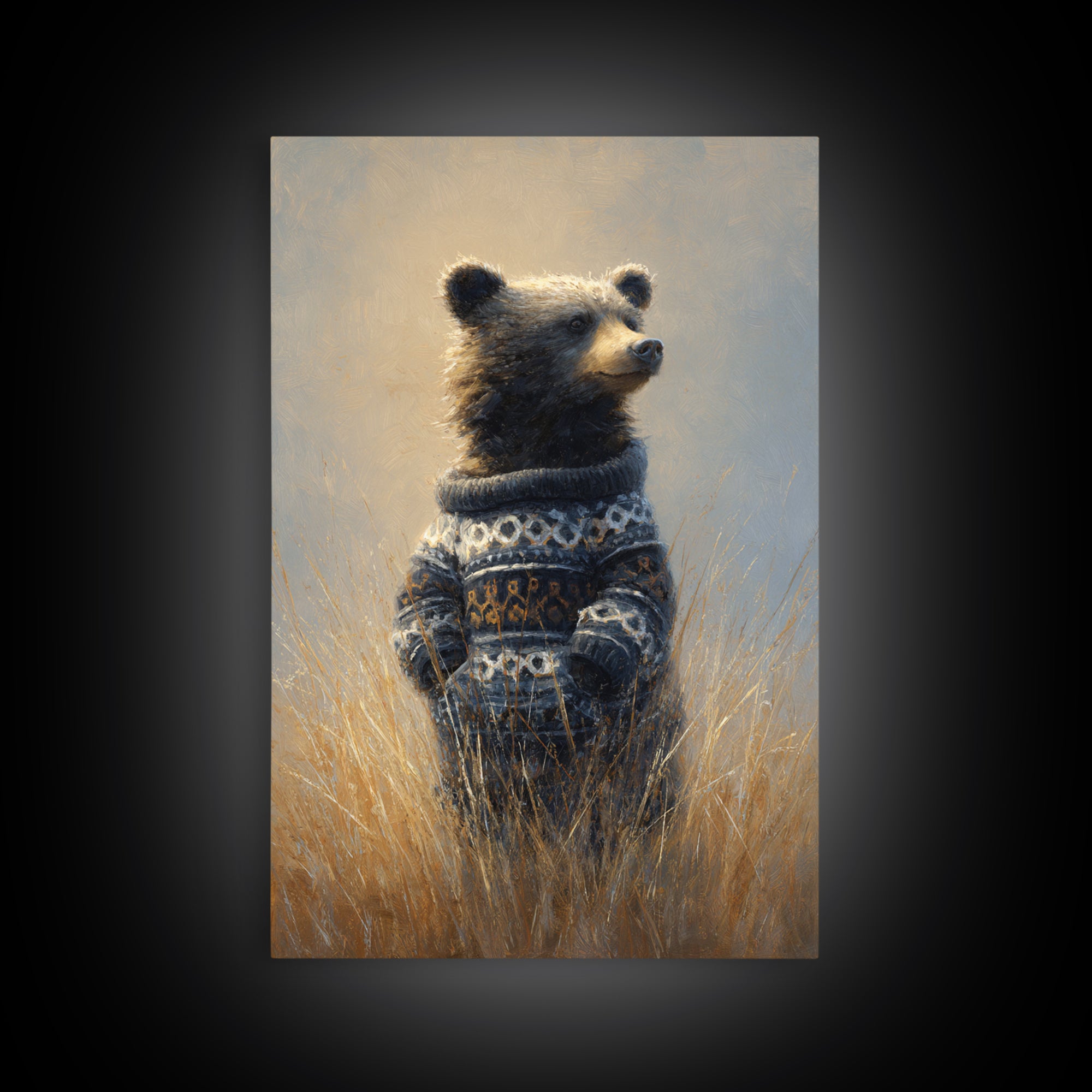 Whimsical Bear in a Patterned Sweater with Framed Canvas Print, Animal Art, Contemporary Art, Living Room Decor, Creature, ANI-2x3-34