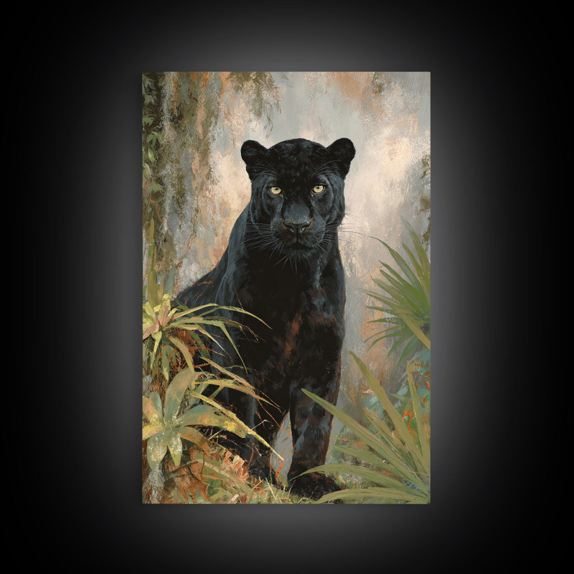Dramatic Black Panther Emerging from Deep Jungle Framed Canvas Print, Animal Art, Wall Art, Living Room Decor, Creature, ANI-2x3-38