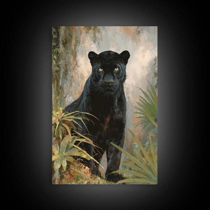 Dramatic Black Panther Emerging from Deep Jungle Framed Canvas Print, Animal Art, Wall Art, Living Room Decor, Creature, ANI-2x3-38