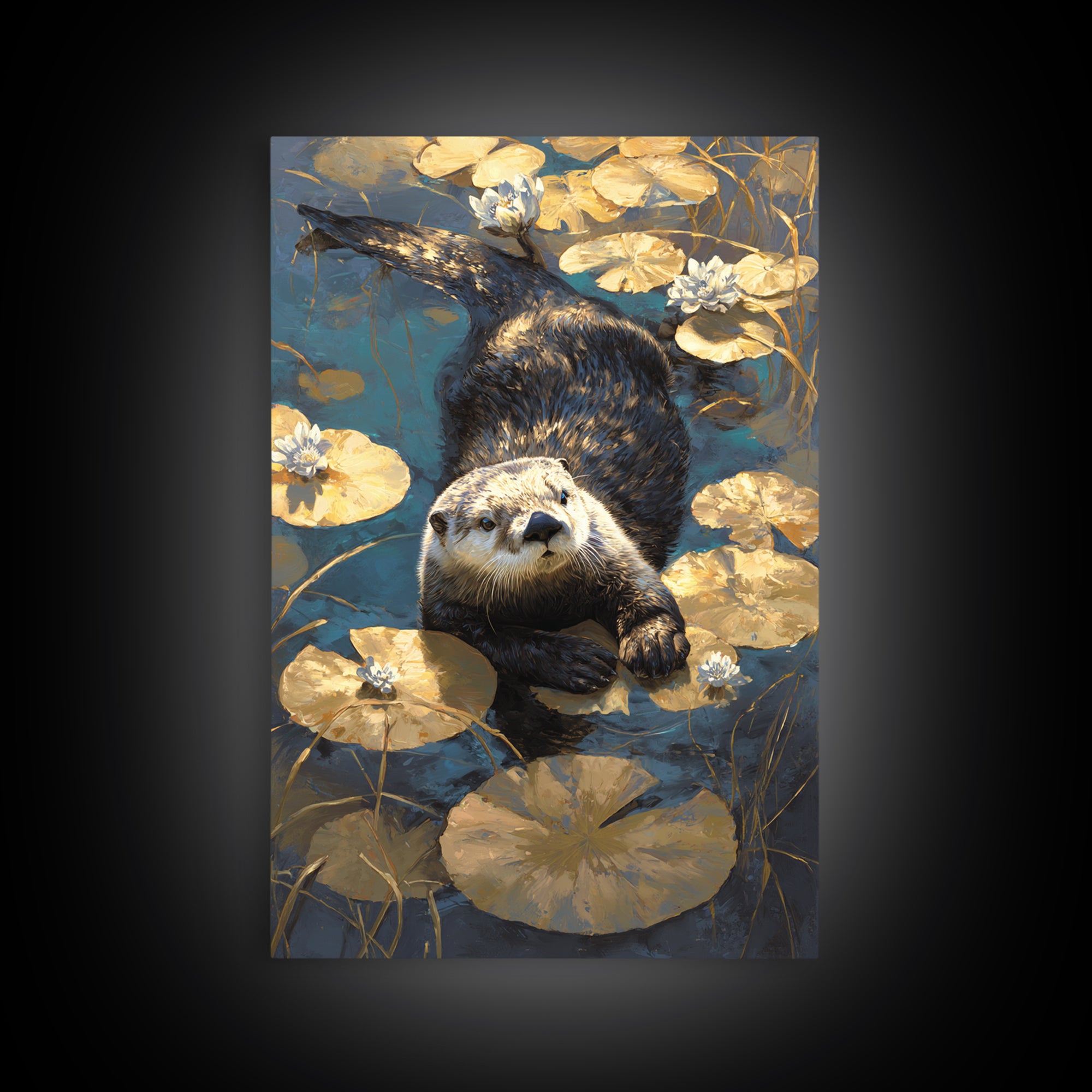 Playful Otter Floating Among Lily Pads Canvas Print, Animal Art, Fine Art Print, Living Room Decor, Fine Art, Creature, ANI-2x3-40