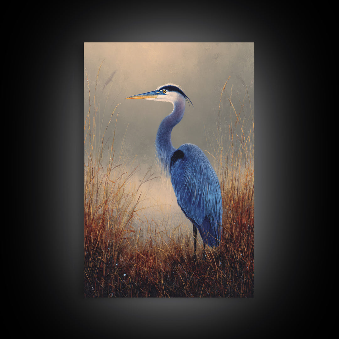 Blue Heron Standing Framed Canvas Print, Animal Art, Contemporary Art, Living Room Decor, Fine Art, Creature, Digital Wall Art, ANI-2x3-43