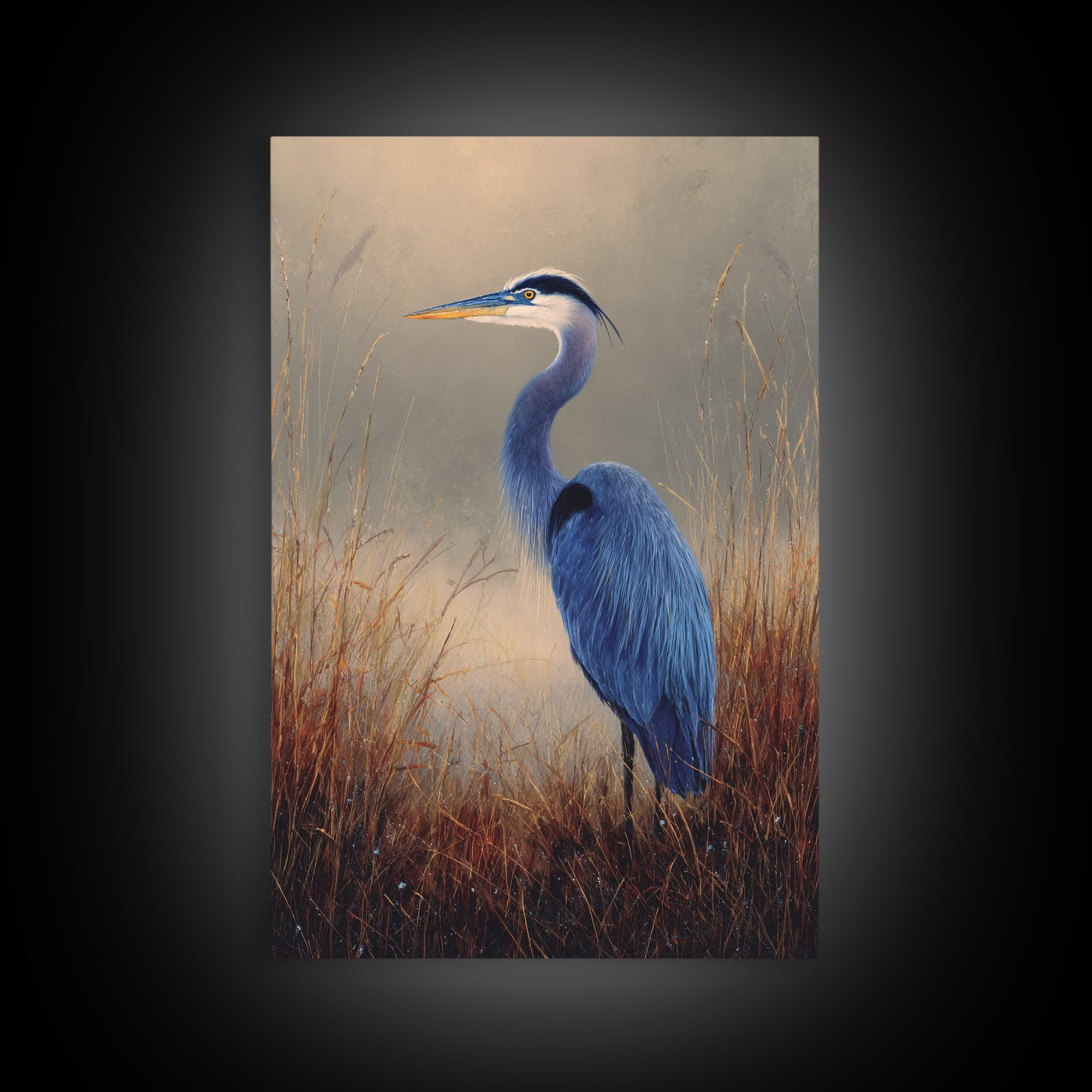 Blue Heron Standing Framed Canvas Print, Animal Art, Contemporary Art, Living Room Decor, Fine Art, Creature, Digital Wall Art, ANI-2x3-43