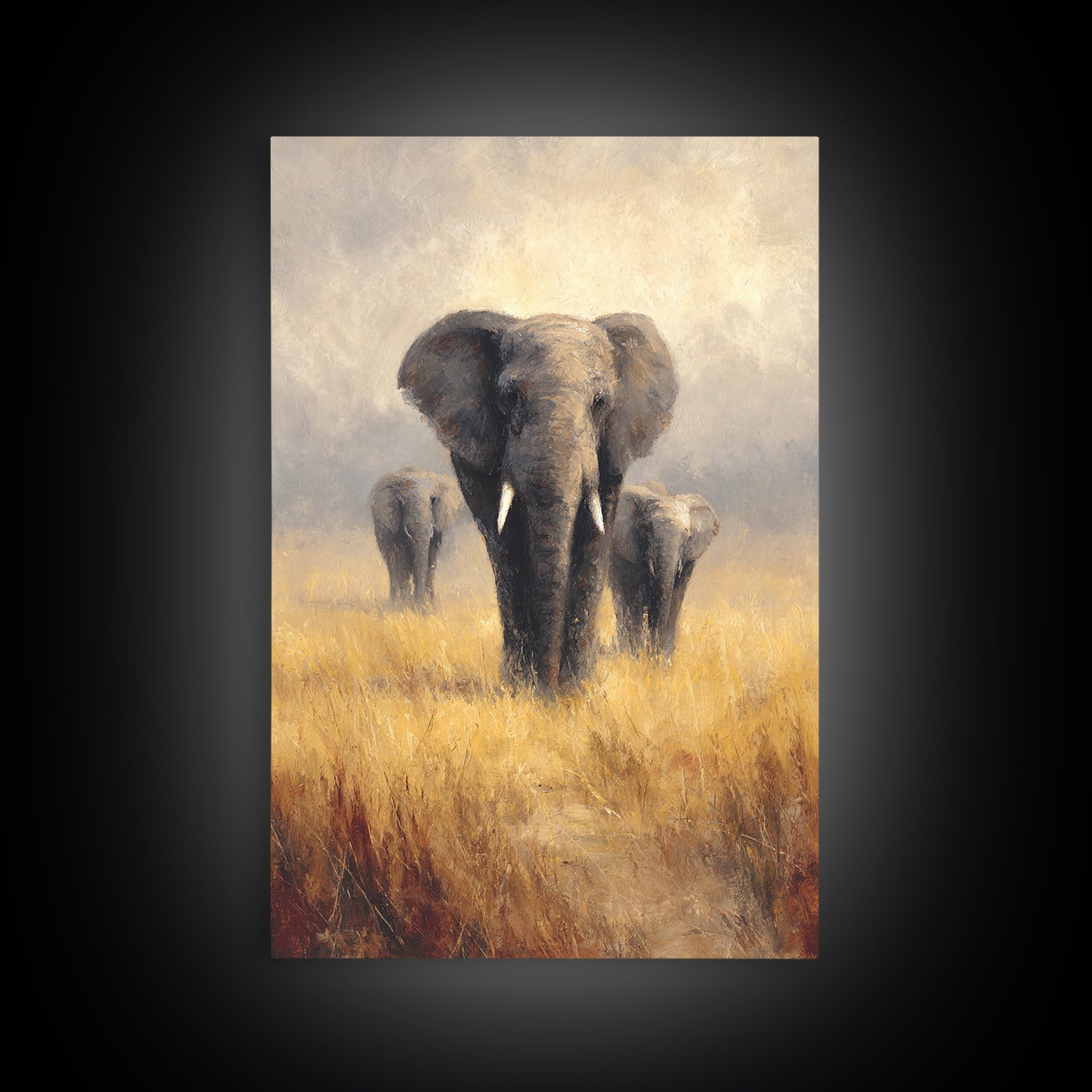 Elephant Family Walking Through Dusty Golden Light Canvas Print, Animal Art, Textured Painting, Living Room Decor, Creature, ANI-2x3-46
