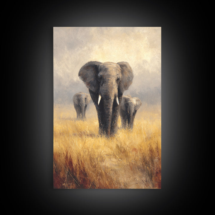 Elephant Family Walking Through Dusty Golden Light Canvas Print, Animal Art, Textured Painting, Living Room Decor, Creature, ANI-2x3-46