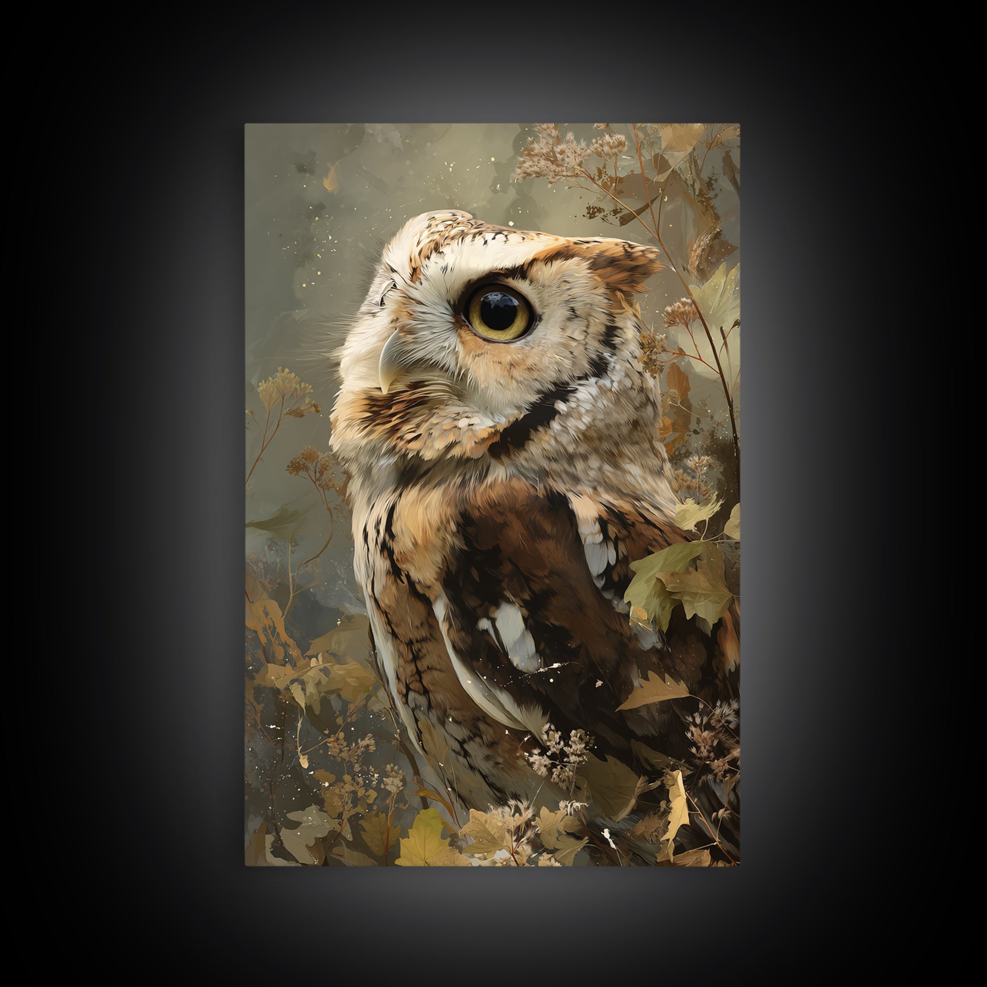 Owl with Moonlit Feathers and Celestial Accents Framed Canvas Print, Animal Art, Wall Art, Living Room Decor, Abstract Art, ANI-2x3-47
