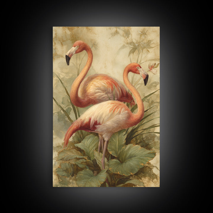 Flamingo Pair in Elegant Coral and Cream Framed Canvas Print, Animal Art, Room Decor, Living Room Decor, Oil Painting, Creature, ANI-2x3-51
