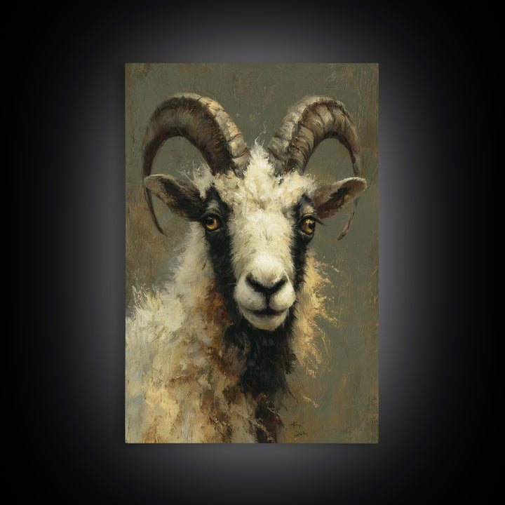 Goat Portrait with Rustic Folk Art Personality Framed Canvas Print, Animal Art, Digital Art, Living Room Decor, Oil Painting, ANI-2x3-53