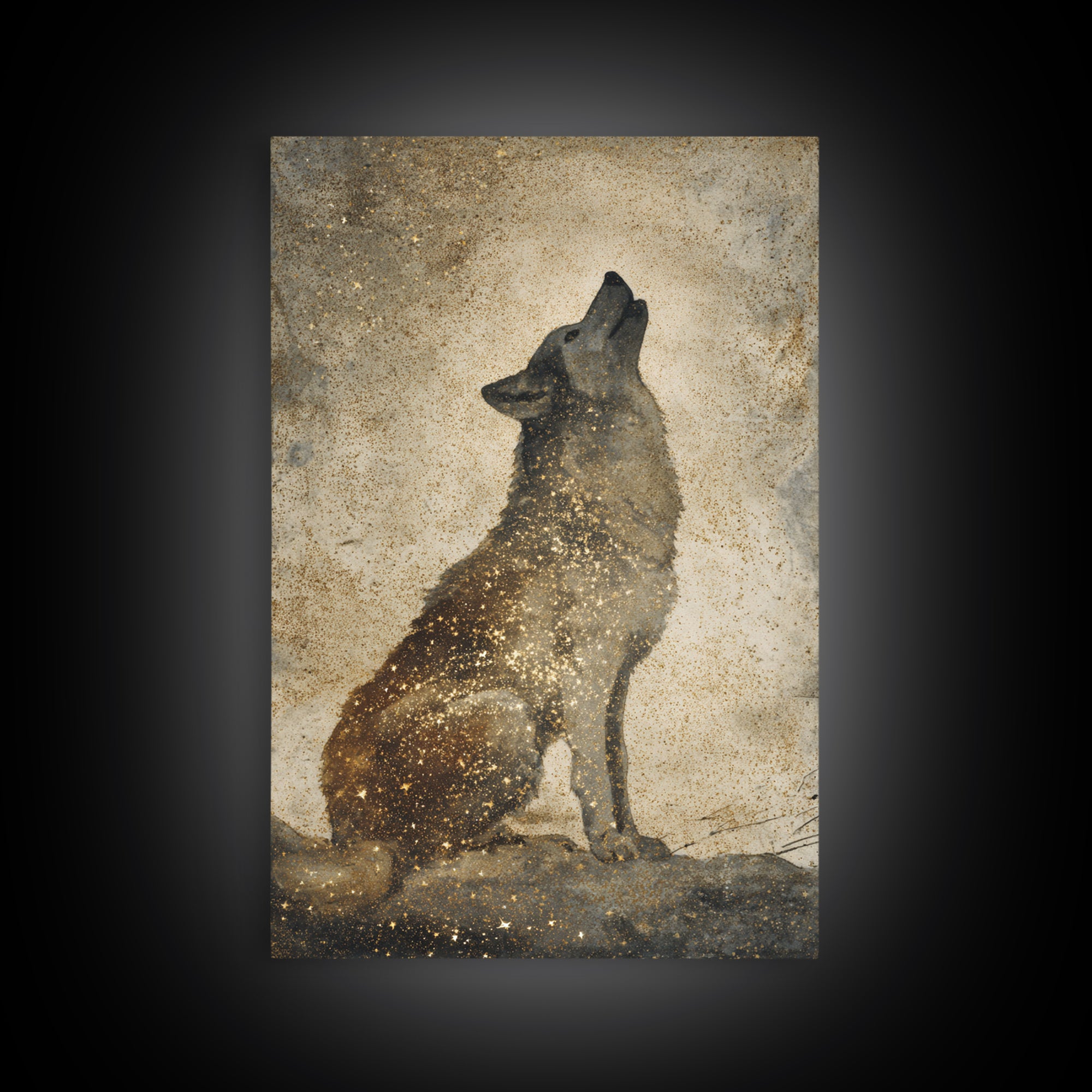 Wolf Silhouette Beneath a Star Filled Sky Canvas Print, Animal Art, Minimalist Decor, Living Room Decor, Fine Art, Creature, ANI-2x3-54