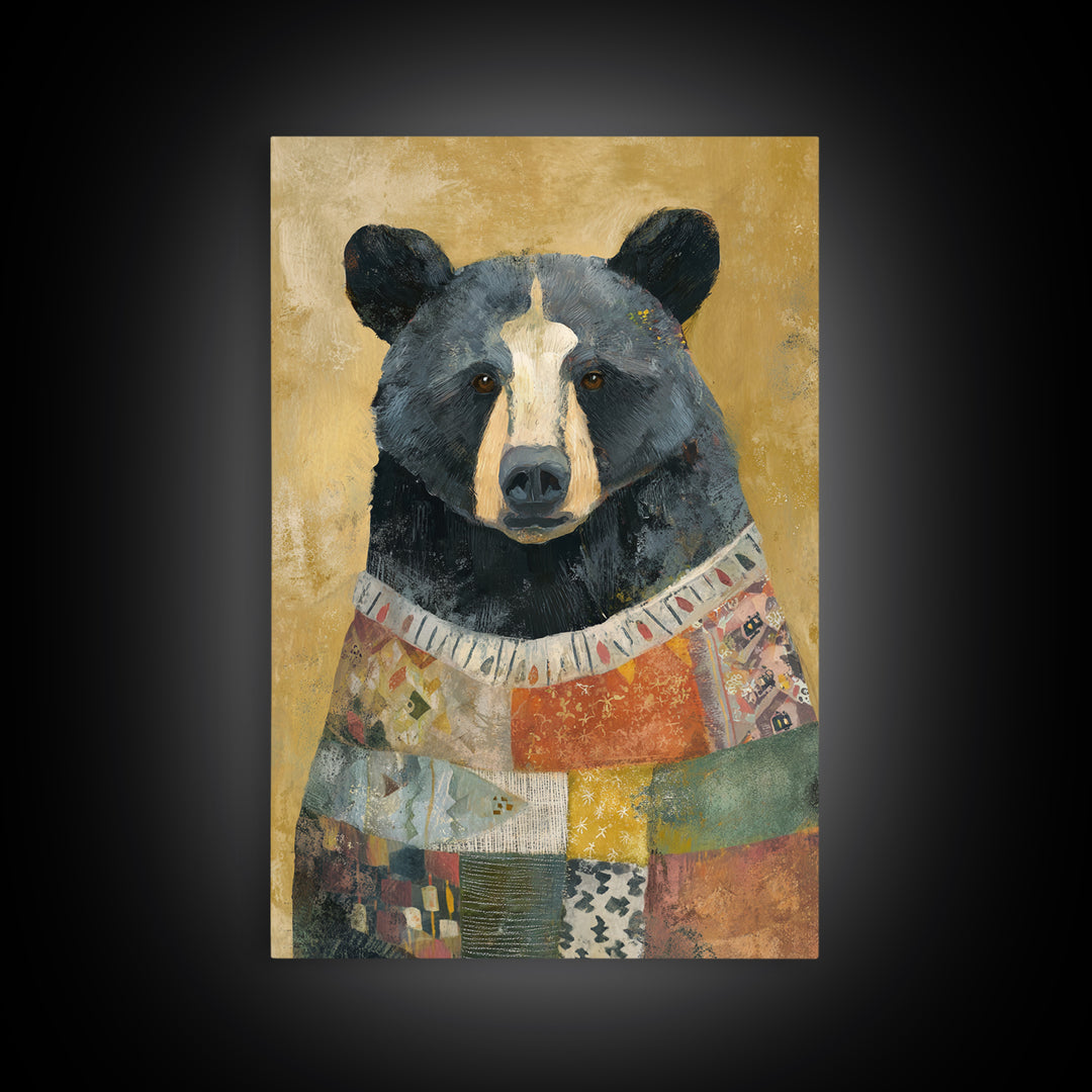 Whimsical Bear in a Patterned Sweater with Canvas Print, Animal Art, Digital Prints, Living Room Decor, Fine Art, Creature, ANI-2x3-58