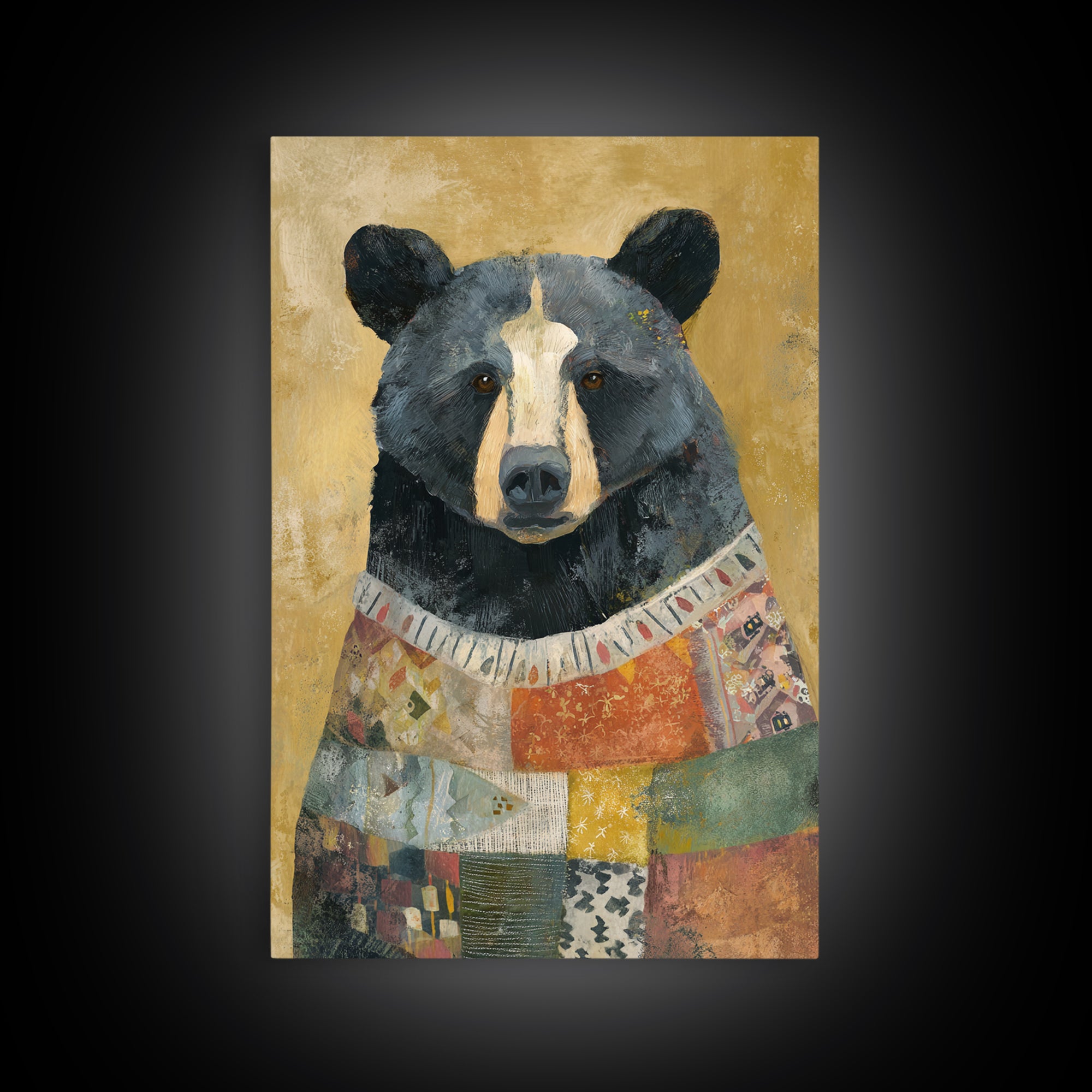 Whimsical Bear in a Patterned Sweater with Canvas Print, Animal Art, Digital Prints, Living Room Decor, Fine Art, Creature, ANI-2x3-58
