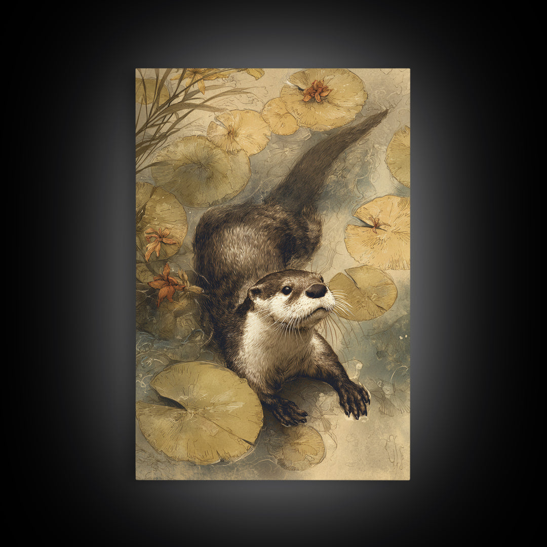 Playful Otter Floating Among Lily Pads Framed Canvas Print, Animal Art, Room Decor, Living Room Decor, Fine Art, Creature, ANI-2x3-64